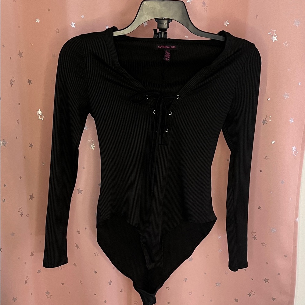 Material Girl Black Lace-Up Ribbed Bodysuit